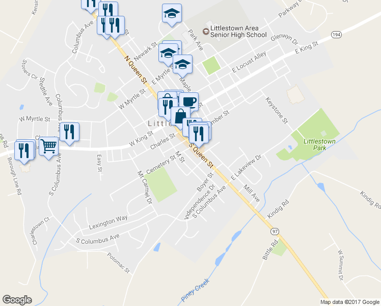 map of restaurants, bars, coffee shops, grocery stores, and more near 207 South Queen Street in Littlestown