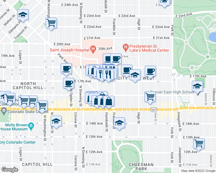 map of restaurants, bars, coffee shops, grocery stores, and more near 1654 Humboldt Street in Denver