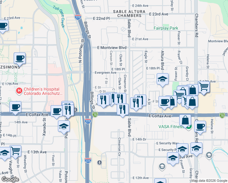 map of restaurants, bars, coffee shops, grocery stores, and more near D Street in Aurora