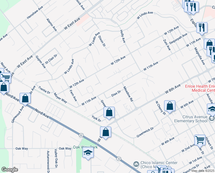 map of restaurants, bars, coffee shops, grocery stores, and more near 1000 West 11th Avenue in Chico