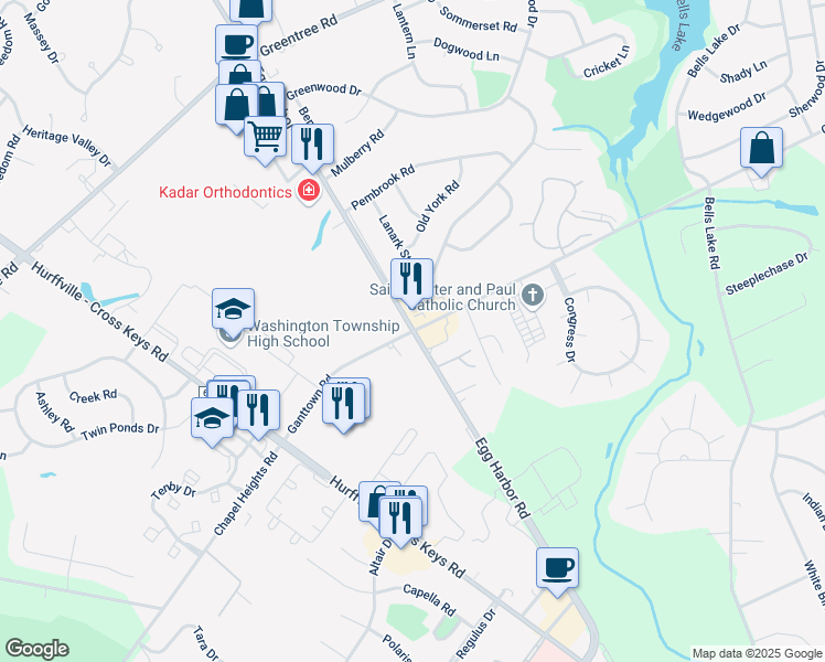 map of restaurants, bars, coffee shops, grocery stores, and more near Egg Harbor Rd & Ganttown Rd in Washington Township