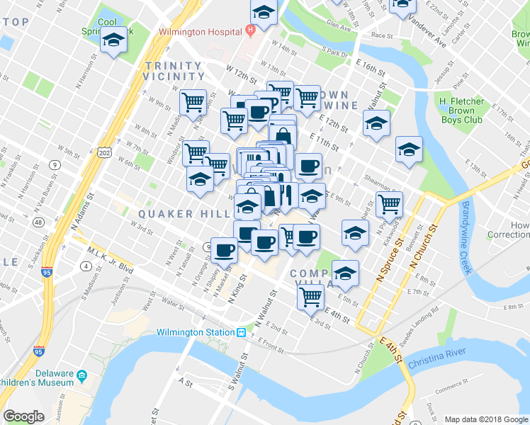 map of restaurants, bars, coffee shops, grocery stores, and more near 700 North Market Street in Wilmington