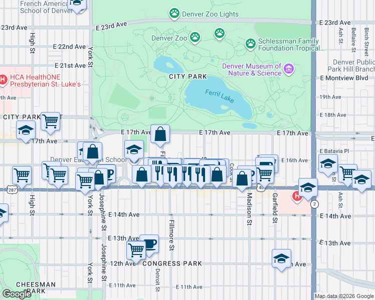 map of restaurants, bars, coffee shops, grocery stores, and more near in Denver