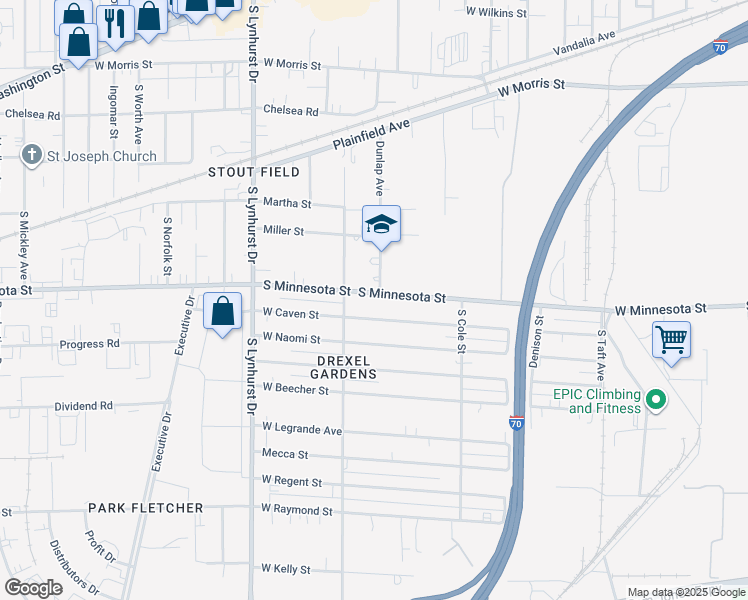 map of restaurants, bars, coffee shops, grocery stores, and more near 5046 West Caven Street in Indianapolis