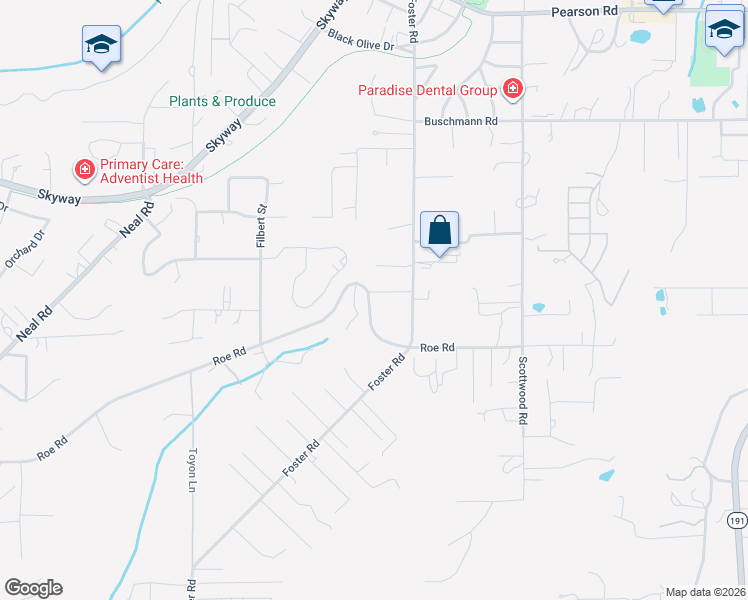 map of restaurants, bars, coffee shops, grocery stores, and more near 550 Roe Road in Paradise