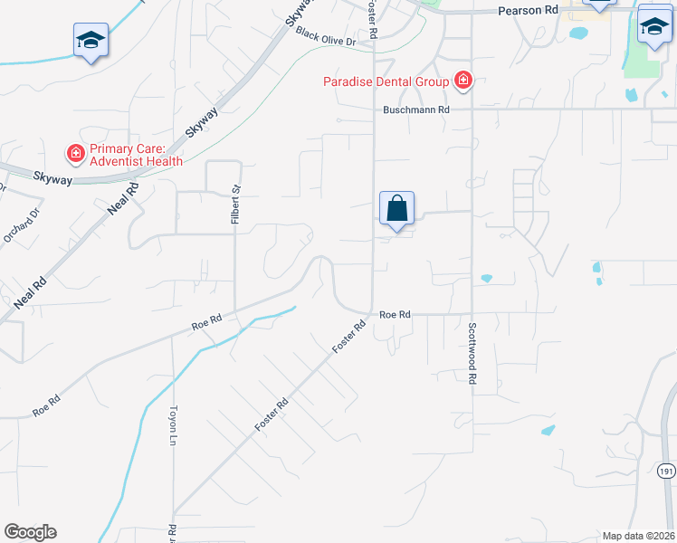 map of restaurants, bars, coffee shops, grocery stores, and more near 577 Roe Road in Paradise