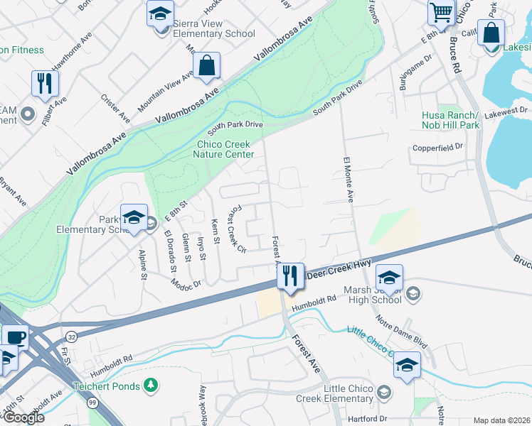 map of restaurants, bars, coffee shops, grocery stores, and more near 2 Vermillion Circle in Chico