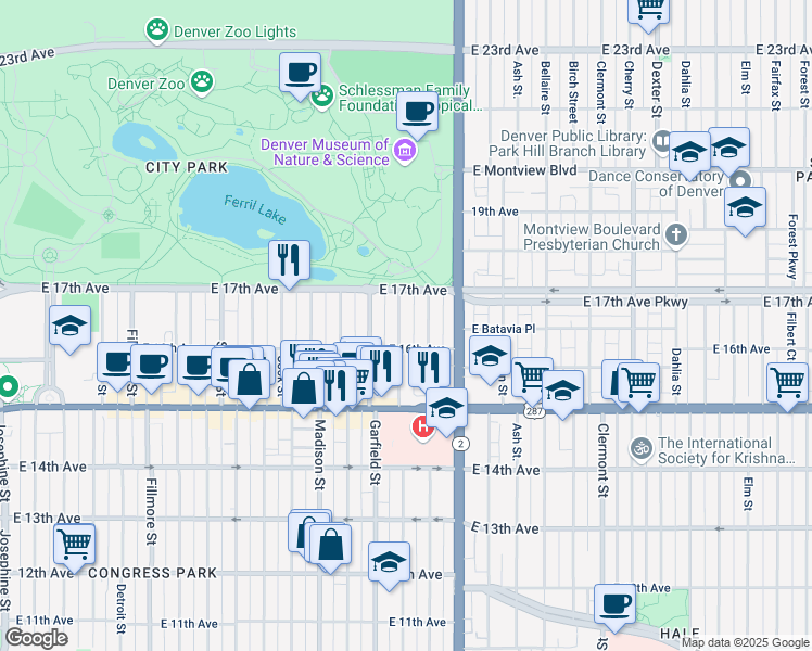 map of restaurants, bars, coffee shops, grocery stores, and more near 1636 Jackson Street in Denver