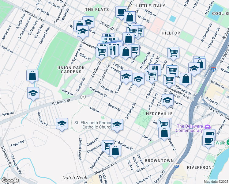 map of restaurants, bars, coffee shops, grocery stores, and more near 423 South Dupont Street in Wilmington
