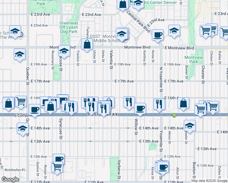 map of restaurants, bars, coffee shops, grocery stores, and more near 1629 Valentia Street in Denver