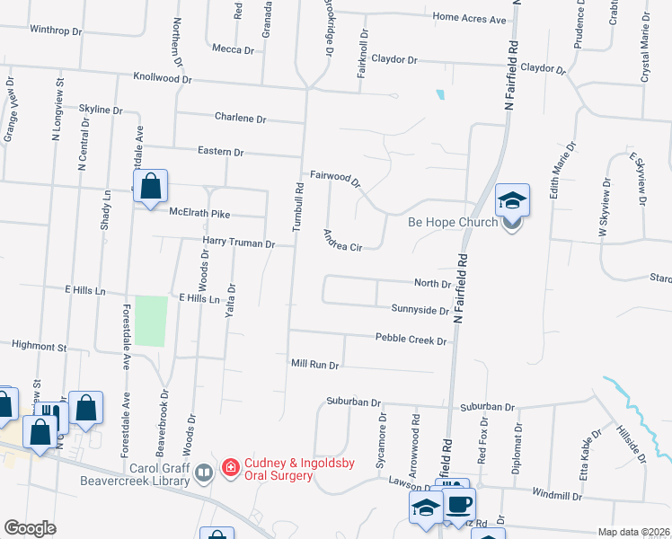 map of restaurants, bars, coffee shops, grocery stores, and more near 3468 North Drive in Dayton