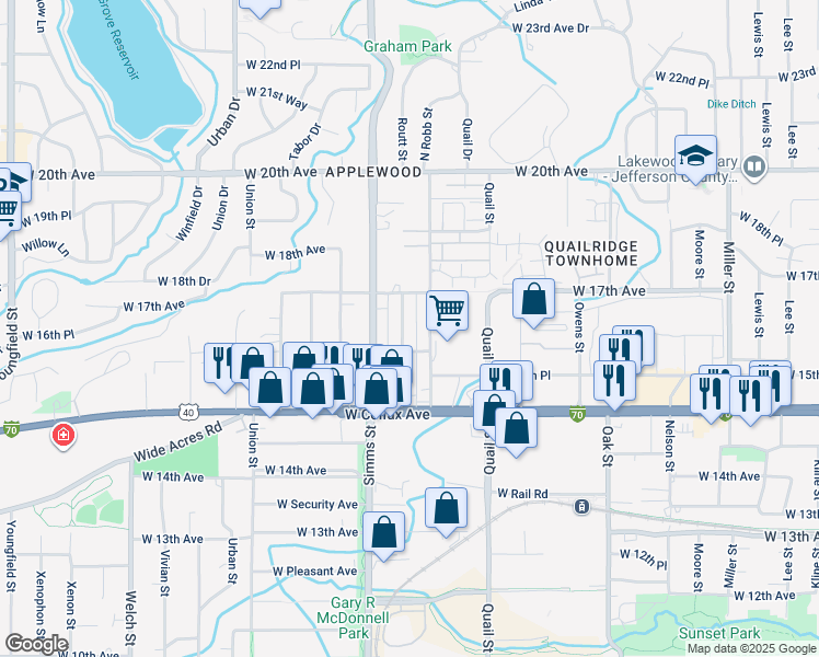 map of restaurants, bars, coffee shops, grocery stores, and more near 1646 Routt Street in Lakewood