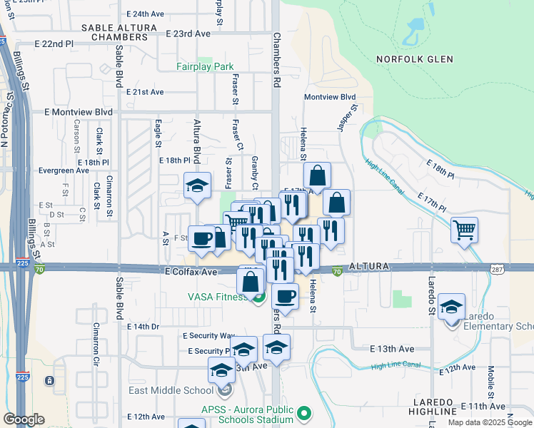 map of restaurants, bars, coffee shops, grocery stores, and more near 15254 East 16th Drive in Aurora