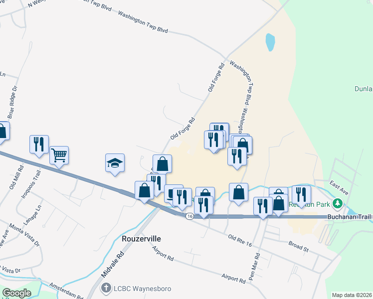 map of restaurants, bars, coffee shops, grocery stores, and more near 12957 Washington Township Boulevard in Waynesboro