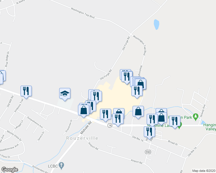 map of restaurants, bars, coffee shops, grocery stores, and more near 12957 Washington Township Boulevard in Waynesboro