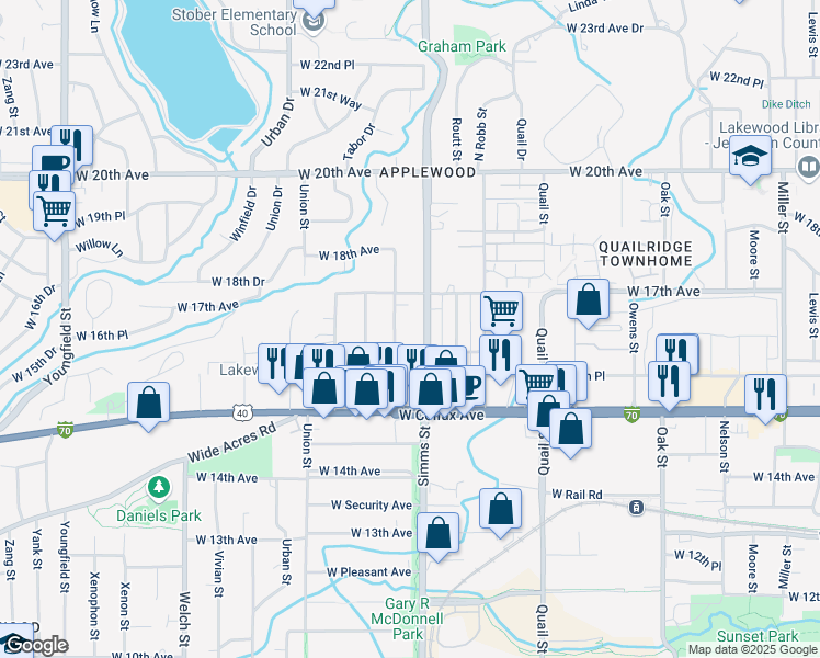 map of restaurants, bars, coffee shops, grocery stores, and more near 1625 Simms Street in Lakewood