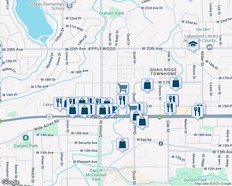 map of restaurants, bars, coffee shops, grocery stores, and more near 1633 North Robb Street in Lakewood