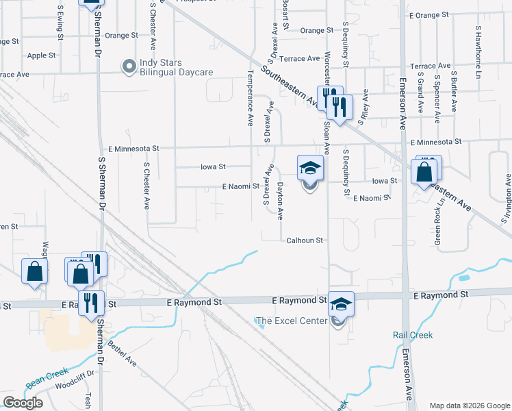 map of restaurants, bars, coffee shops, grocery stores, and more near 2010 Temperance Avenue in Indianapolis