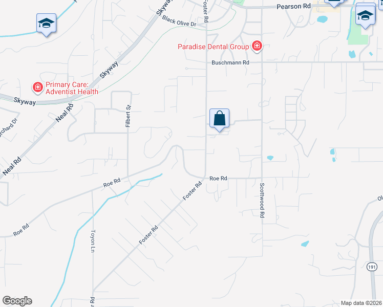map of restaurants, bars, coffee shops, grocery stores, and more near 577 Roe Road in Paradise