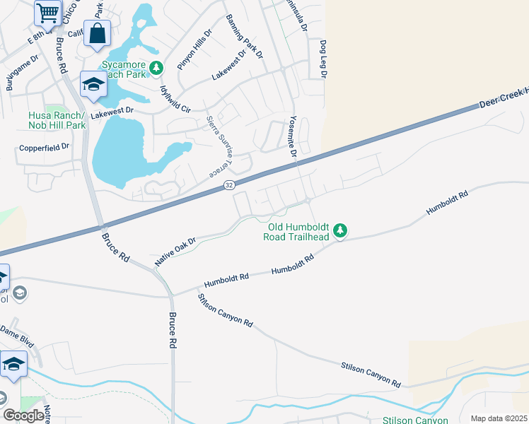 map of restaurants, bars, coffee shops, grocery stores, and more near 2852 Native Oak Drive in Chico