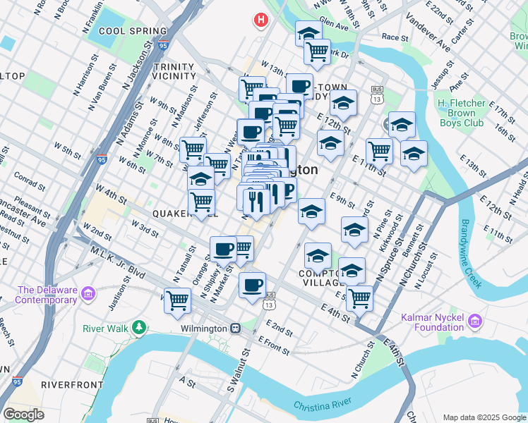 map of restaurants, bars, coffee shops, grocery stores, and more near 701 North King Street in Wilmington
