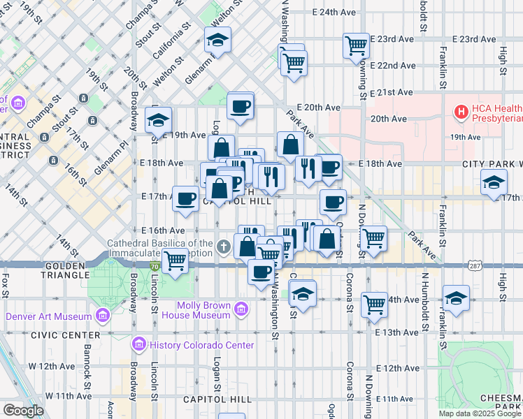 map of restaurants, bars, coffee shops, grocery stores, and more near 1650 Pearl Street in Denver
