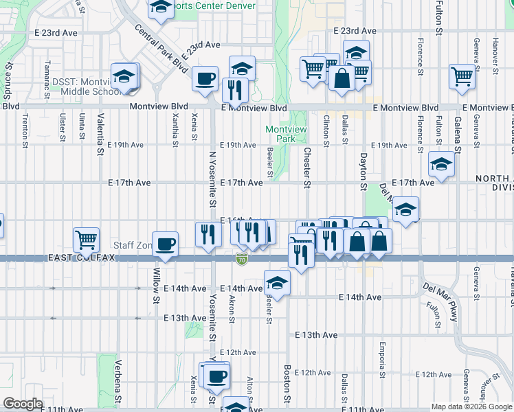 map of restaurants, bars, coffee shops, grocery stores, and more near 1625 Beeler Street in Aurora