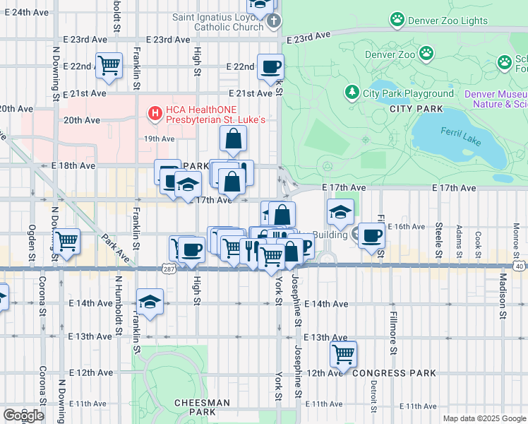map of restaurants, bars, coffee shops, grocery stores, and more near 1652 North Gaylord Street in Denver