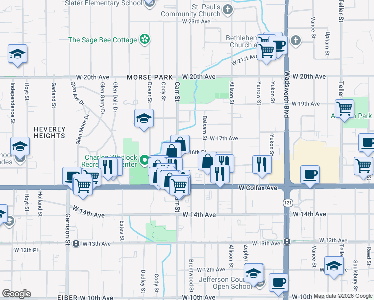map of restaurants, bars, coffee shops, grocery stores, and more near 8339 West 16th Place in Denver