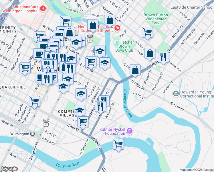 map of restaurants, bars, coffee shops, grocery stores, and more near 711 East 10th Street in Wilmington