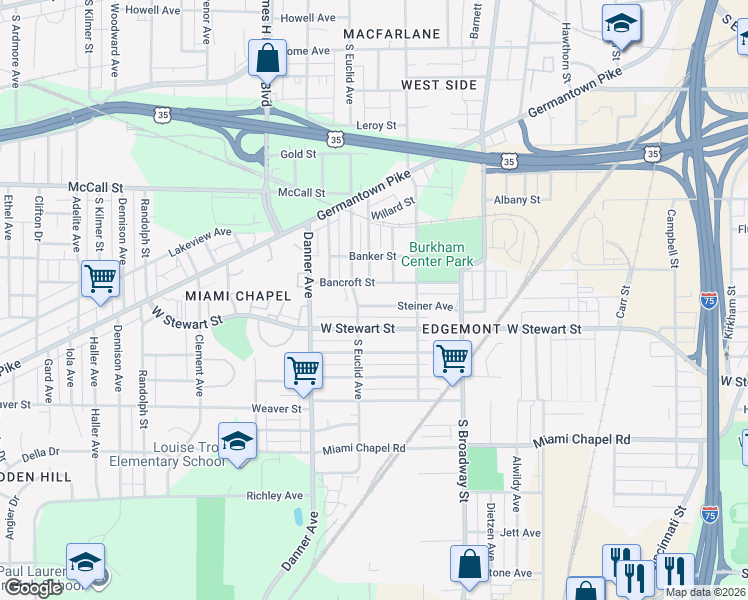 map of restaurants, bars, coffee shops, grocery stores, and more near 1438 Steiner Avenue in Dayton