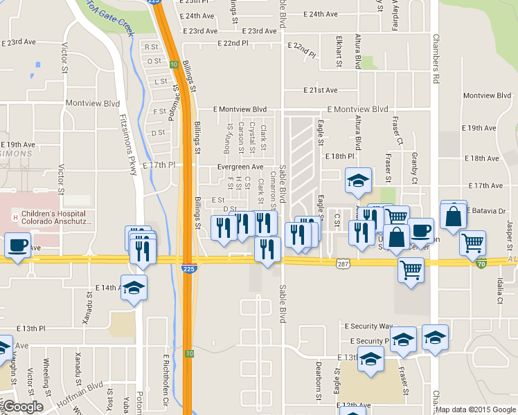 map of restaurants, bars, coffee shops, grocery stores, and more near 1601 Clark Street in Aurora