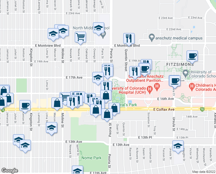 map of restaurants, bars, coffee shops, grocery stores, and more near 1609 Peoria Street in Aurora