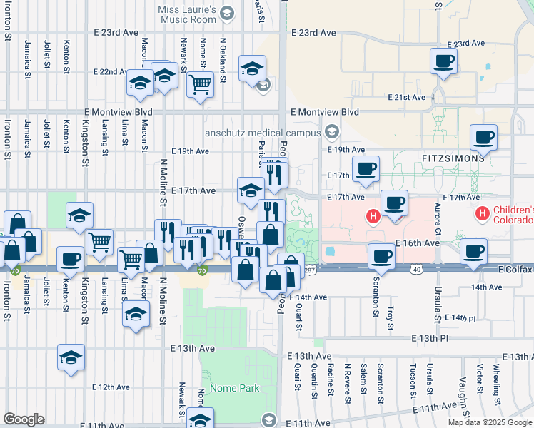 map of restaurants, bars, coffee shops, grocery stores, and more near 1635 Paris Street in Aurora