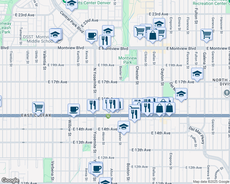 map of restaurants, bars, coffee shops, grocery stores, and more near 1625 Beeler Street in Aurora