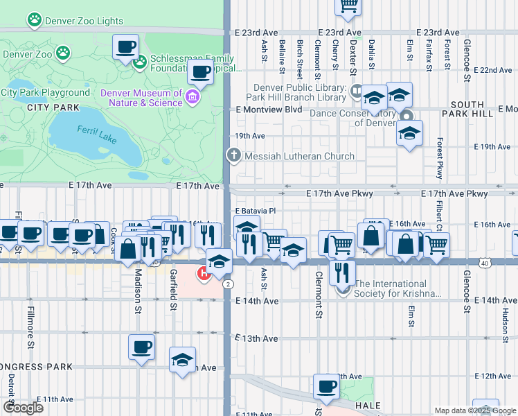 map of restaurants, bars, coffee shops, grocery stores, and more near 1646 Albion Street in Denver