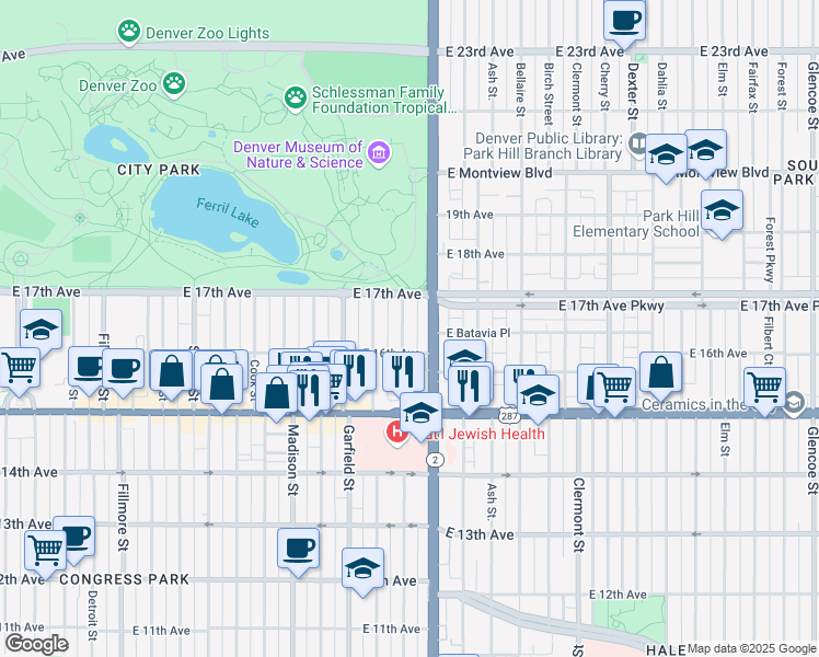 map of restaurants, bars, coffee shops, grocery stores, and more near 1628 Harrison Street in Denver