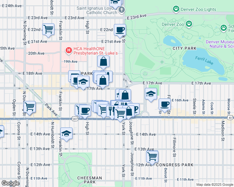 map of restaurants, bars, coffee shops, grocery stores, and more near 1652 North Gaylord Street in Denver
