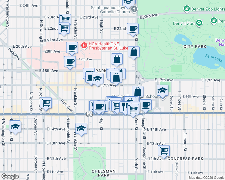 map of restaurants, bars, coffee shops, grocery stores, and more near 1645 Vine Street in Denver