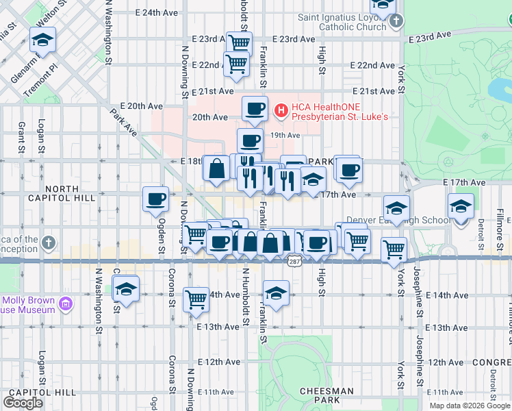 map of restaurants, bars, coffee shops, grocery stores, and more near 1645 Franklin Street in Denver