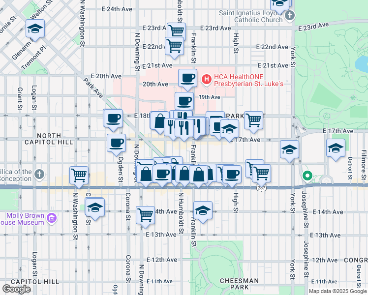 map of restaurants, bars, coffee shops, grocery stores, and more near in Denver