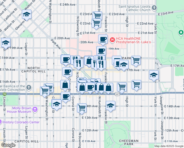 map of restaurants, bars, coffee shops, grocery stores, and more near 1655 North Lafayette Street in Denver