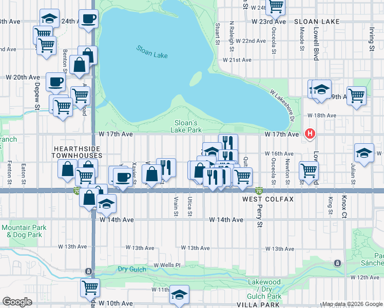 map of restaurants, bars, coffee shops, grocery stores, and more near 1616 Utica Street in Denver