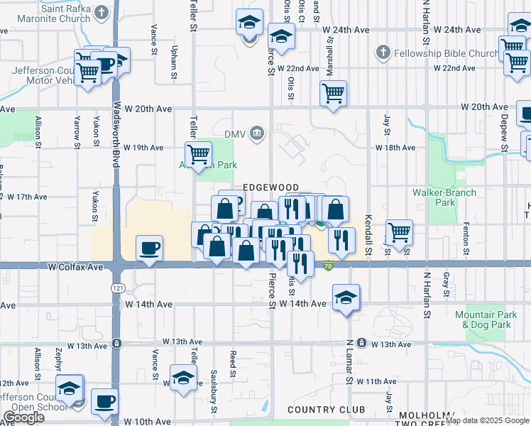 map of restaurants, bars, coffee shops, grocery stores, and more near 1607 Pierce Street in Denver
