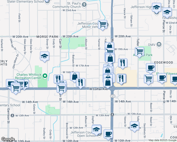 map of restaurants, bars, coffee shops, grocery stores, and more near 1660 Allison Street in Lakewood