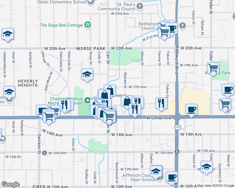 map of restaurants, bars, coffee shops, grocery stores, and more near 8339 West 16th Place in Denver