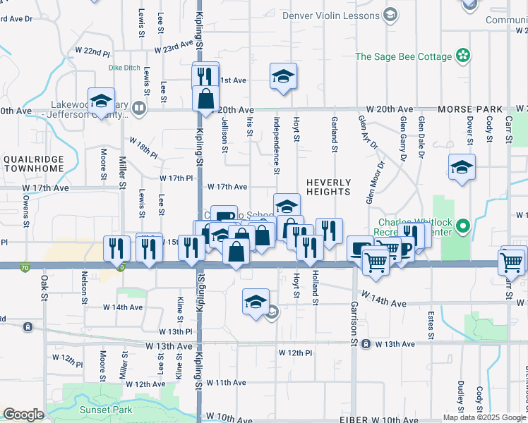 map of restaurants, bars, coffee shops, grocery stores, and more near 9699 West 16th Avenue in Lakewood