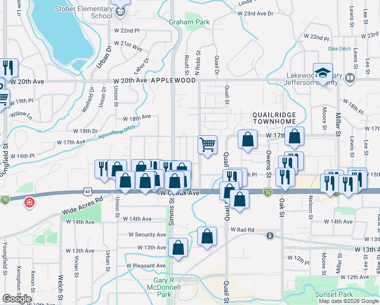 map of restaurants, bars, coffee shops, grocery stores, and more near 1651 Routt Street in Lakewood