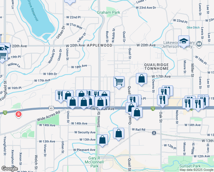map of restaurants, bars, coffee shops, grocery stores, and more near 1651 Routt Street in Lakewood