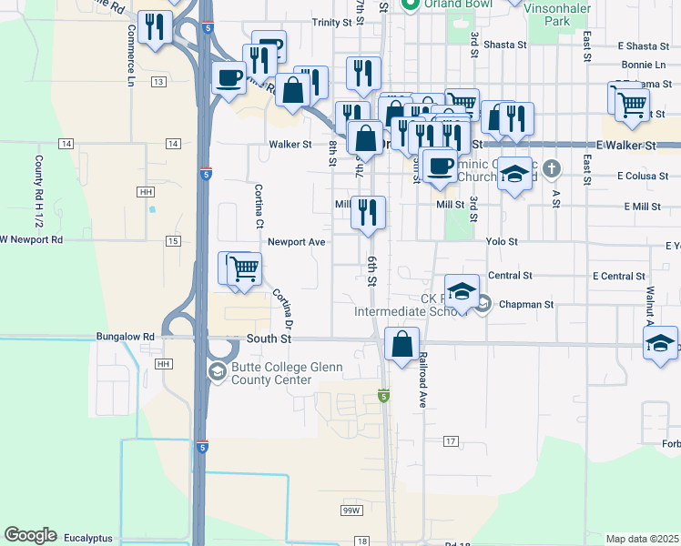 map of restaurants, bars, coffee shops, grocery stores, and more near 1117 8th Street in Orland
